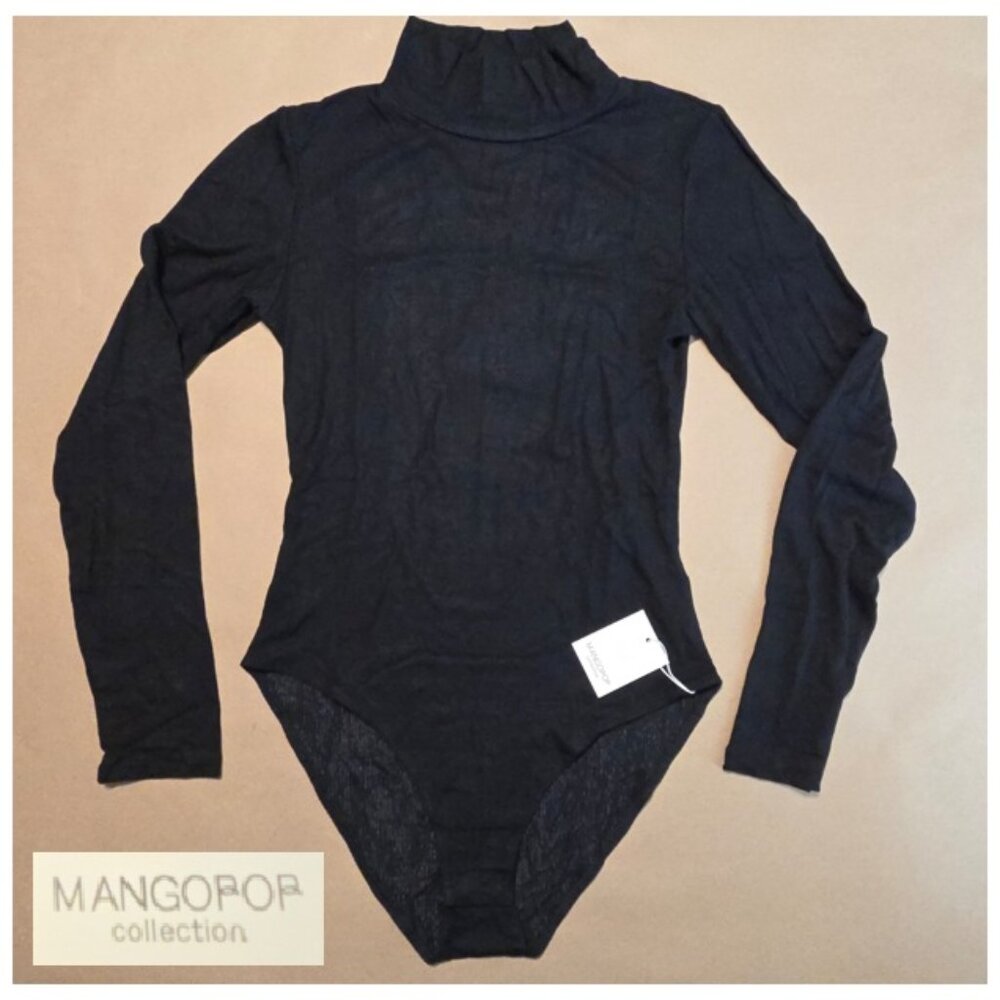 MANGOPOP Mock Turtle Neck Ribbed Long Sleeve Black Bodysuit - size S